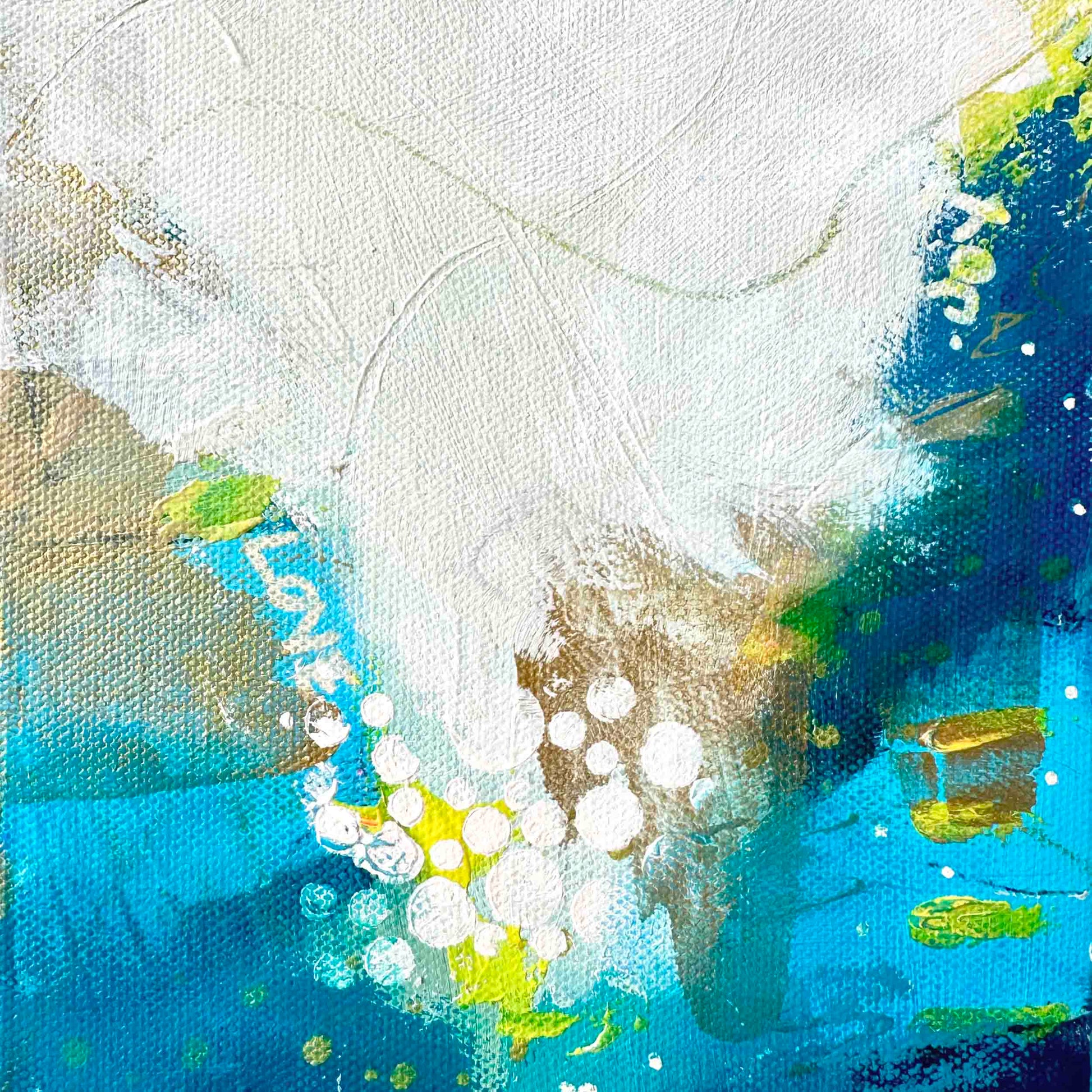 Small abstract original painting inspired by the colours of the ocean in Cornwall.  The words Love and Joy can be found within the painting