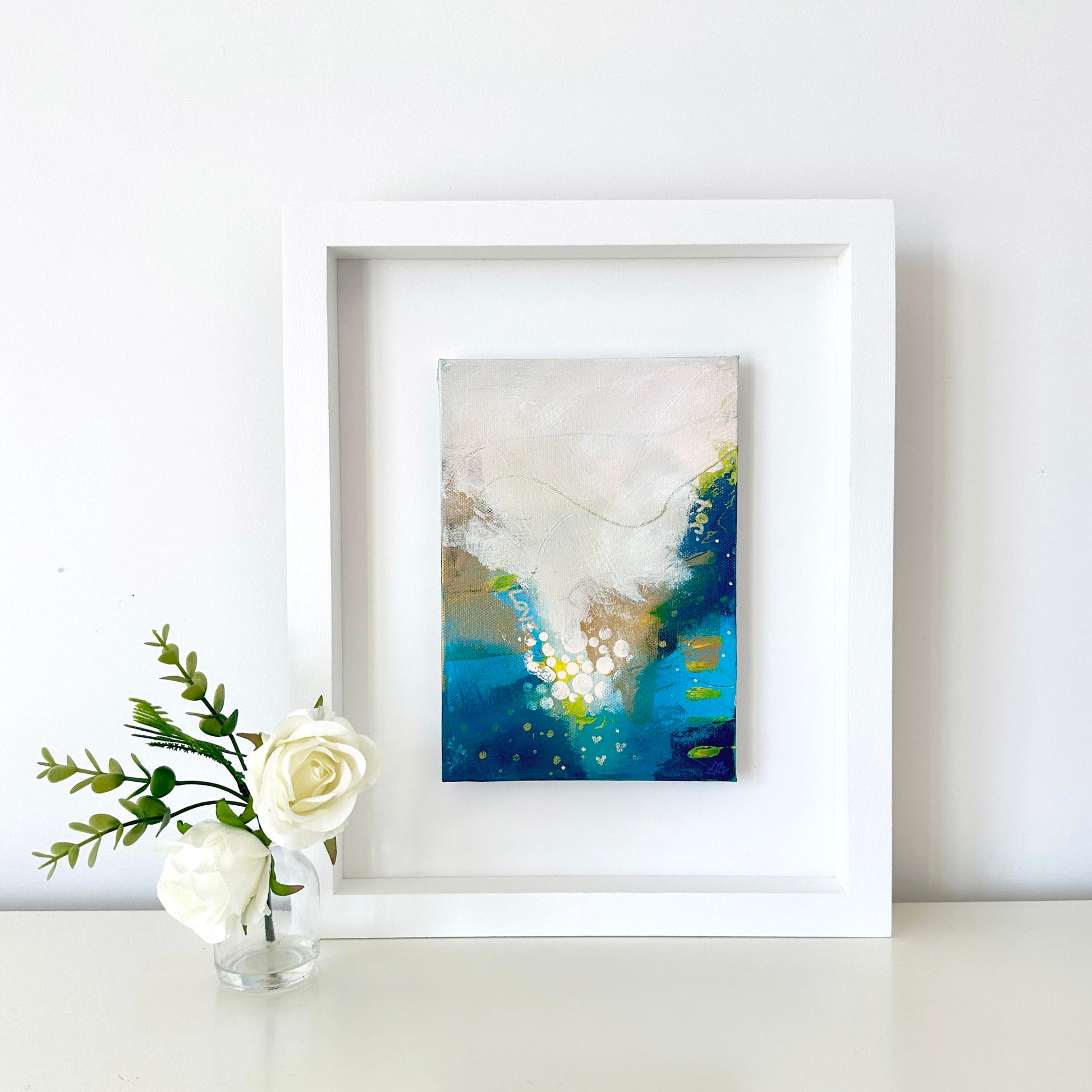 Small abstract original painting inspired by the colours of the ocean in Cornwall.  The words Love and Joy can be found within the painting