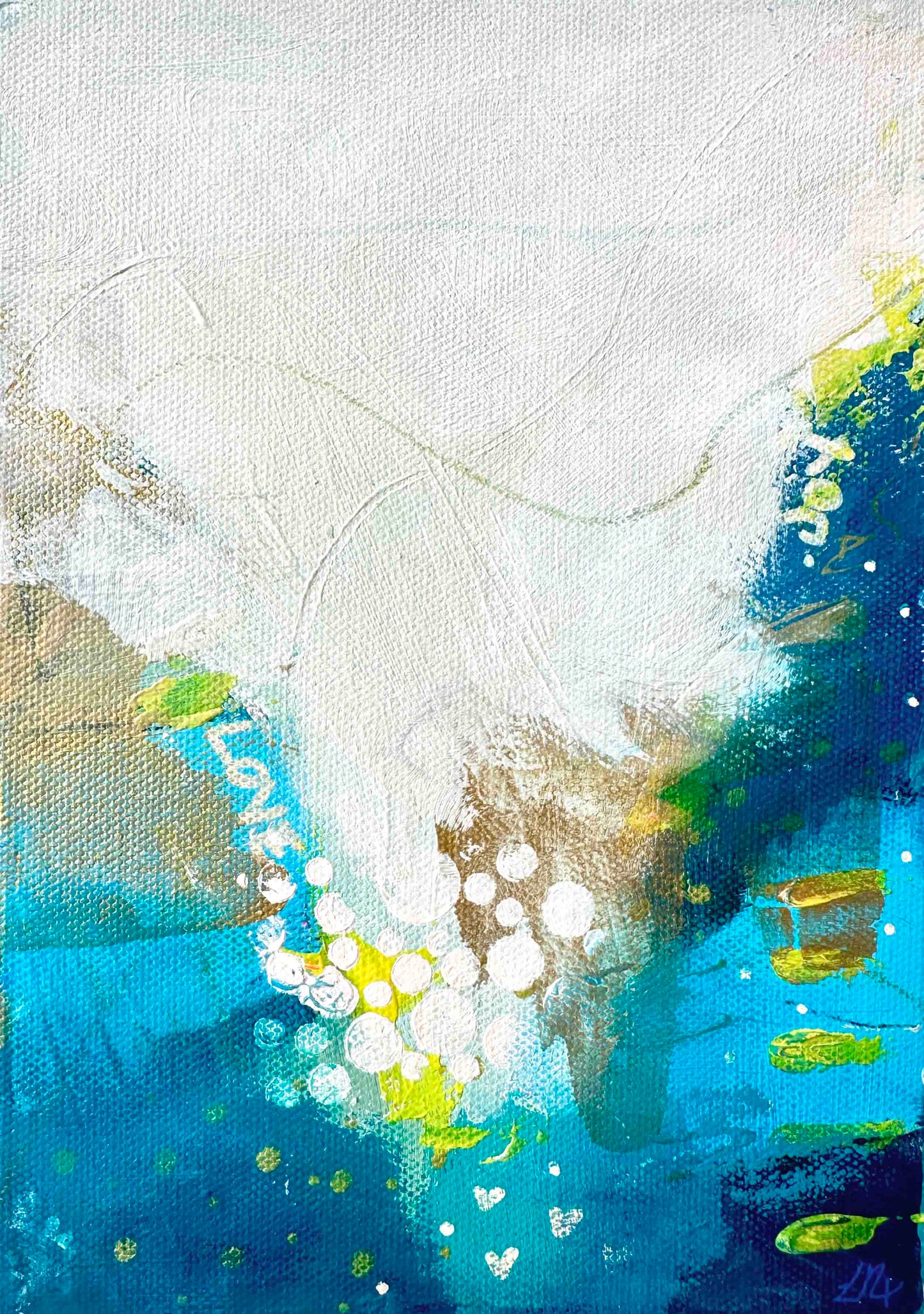 Small abstract original painting inspired by the colours of the ocean in Cornwall.  The words Love and Joy can be found within the painting