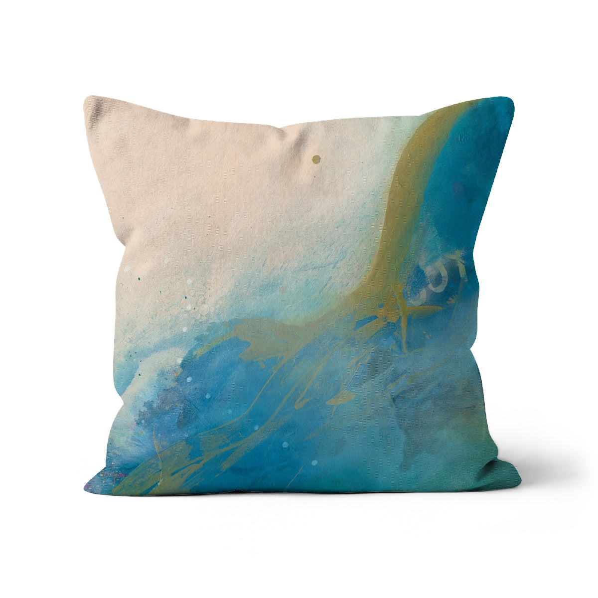 Larimar cushion in cream and blues featuring the word joy