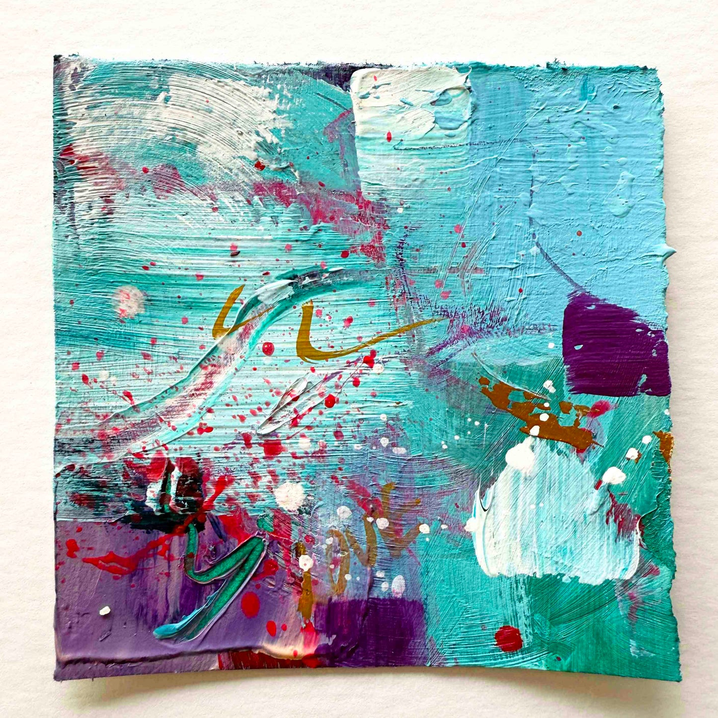 Abstract mini painting in pink, purple, copper and aqua blue with the word love 