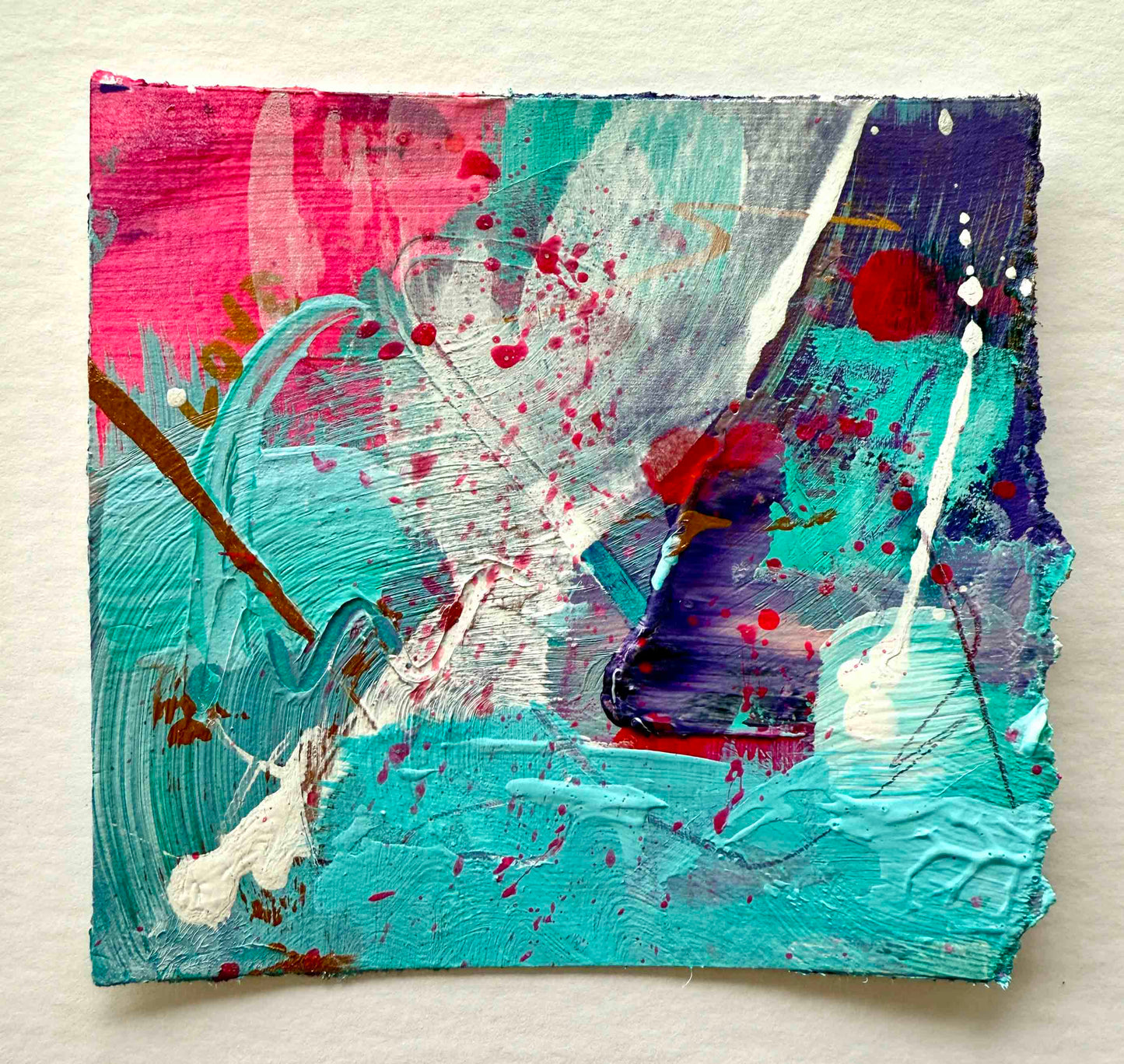 Abstract mini painting in pink, purple, copper and aqua blue with the word love 