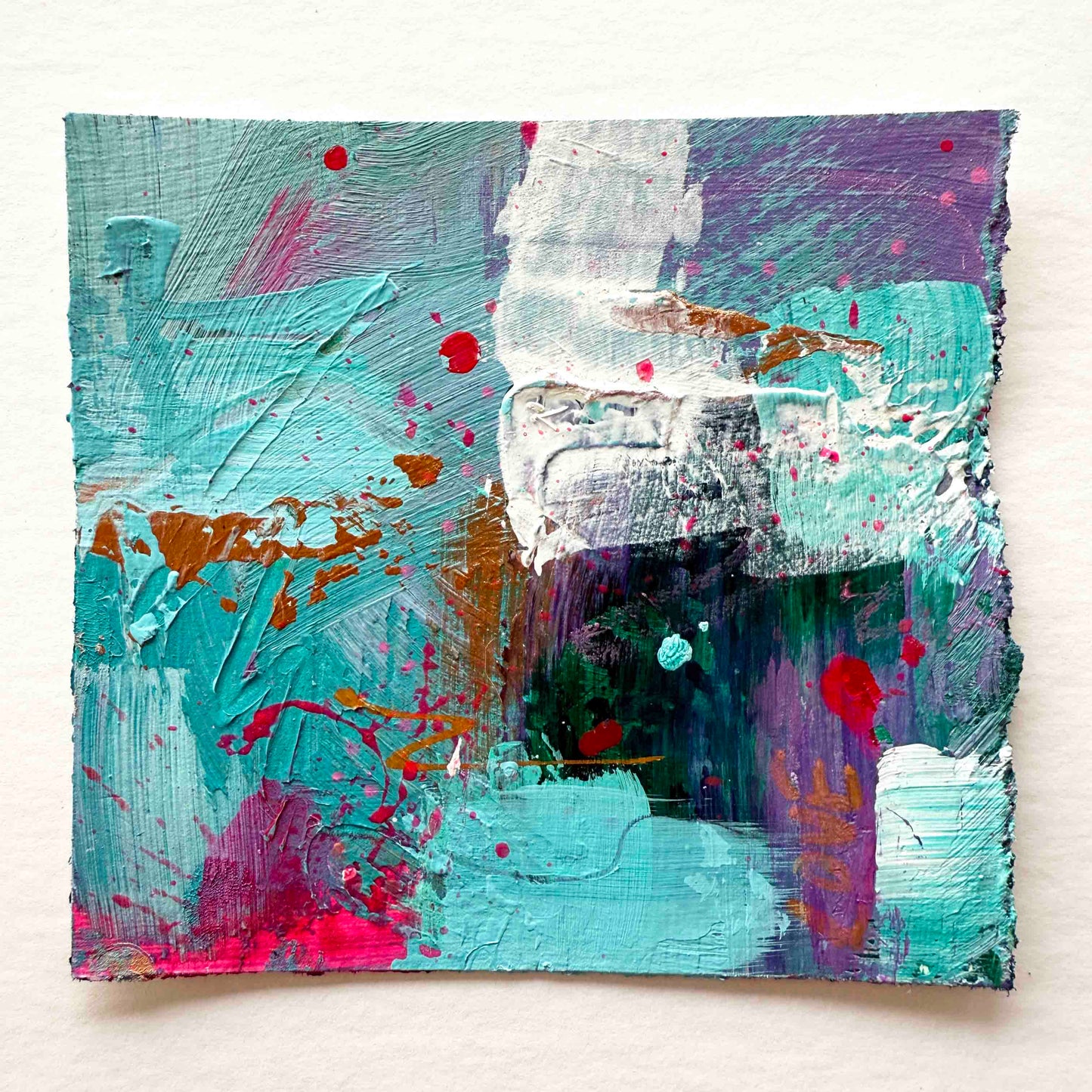 Abstract mini painting in pink, purple, copper and aqua blue with the word love 