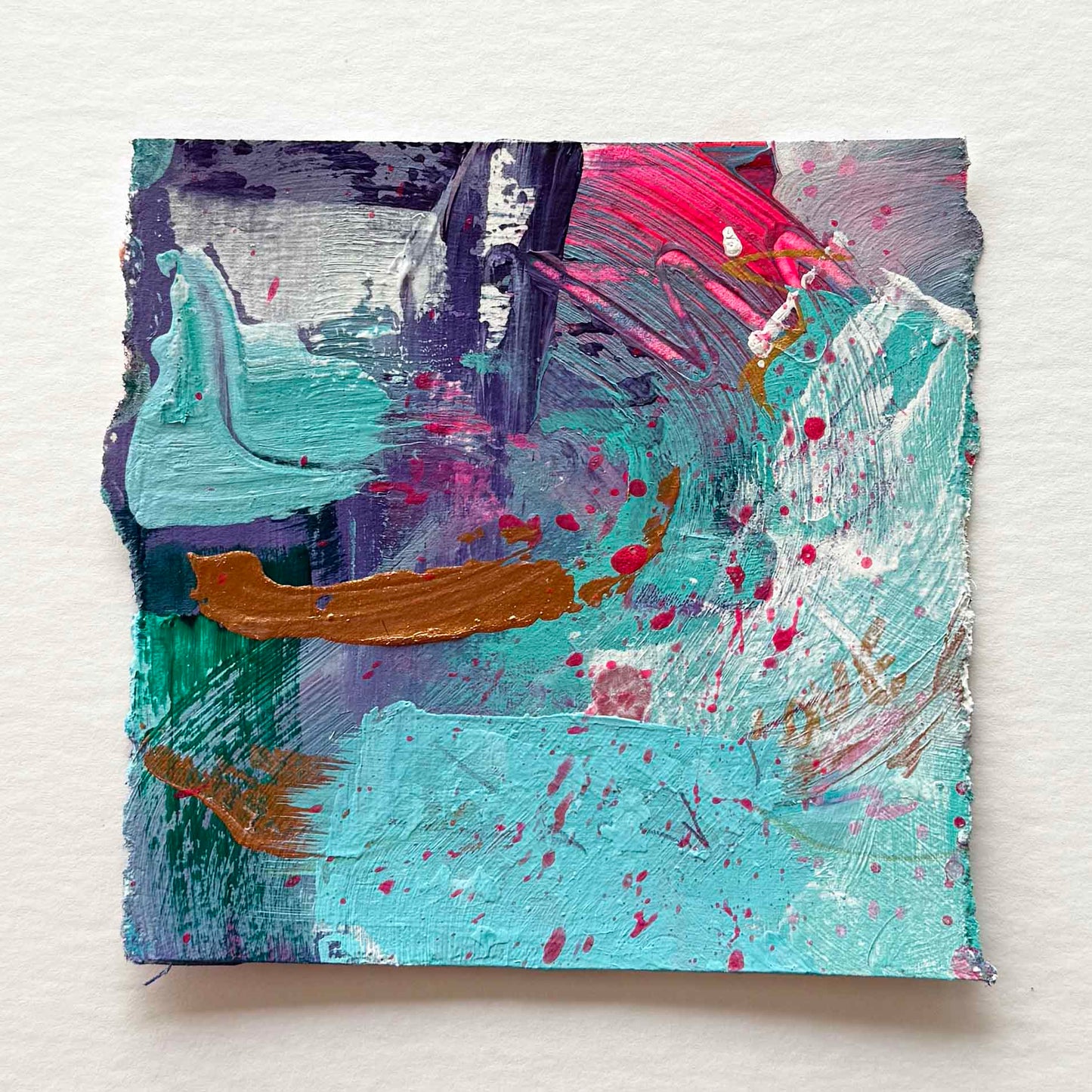 Abstract mini painting in pink, purple, copper and aqua blue with the word love 