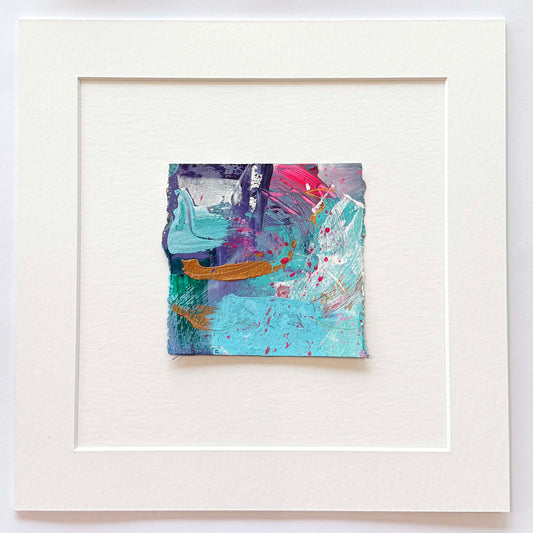 Abstract mini painting in pink, purple, copper and aqua blue with the word love 