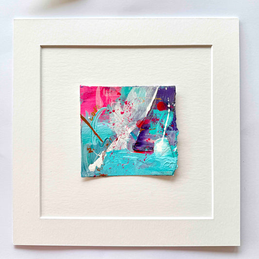 Abstract mini painting in pink, purple, copper and aqua blue with the word love 
