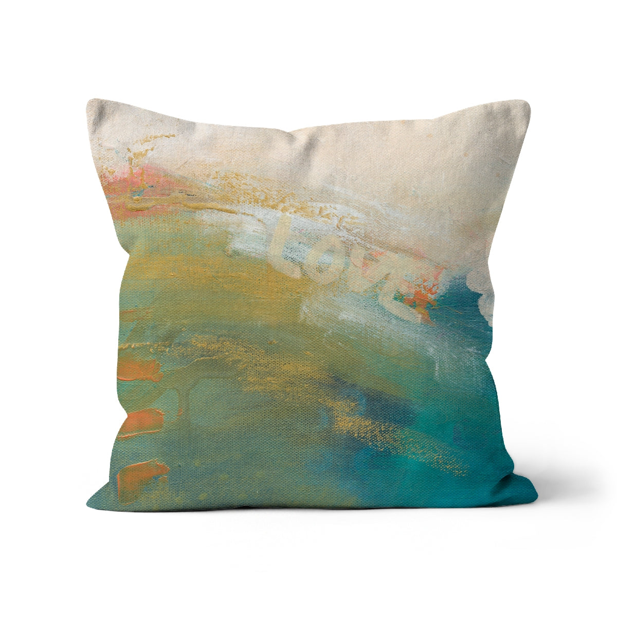 Ocean jasper cushion with orange ascents and the word love amongst the blue, cream and gold