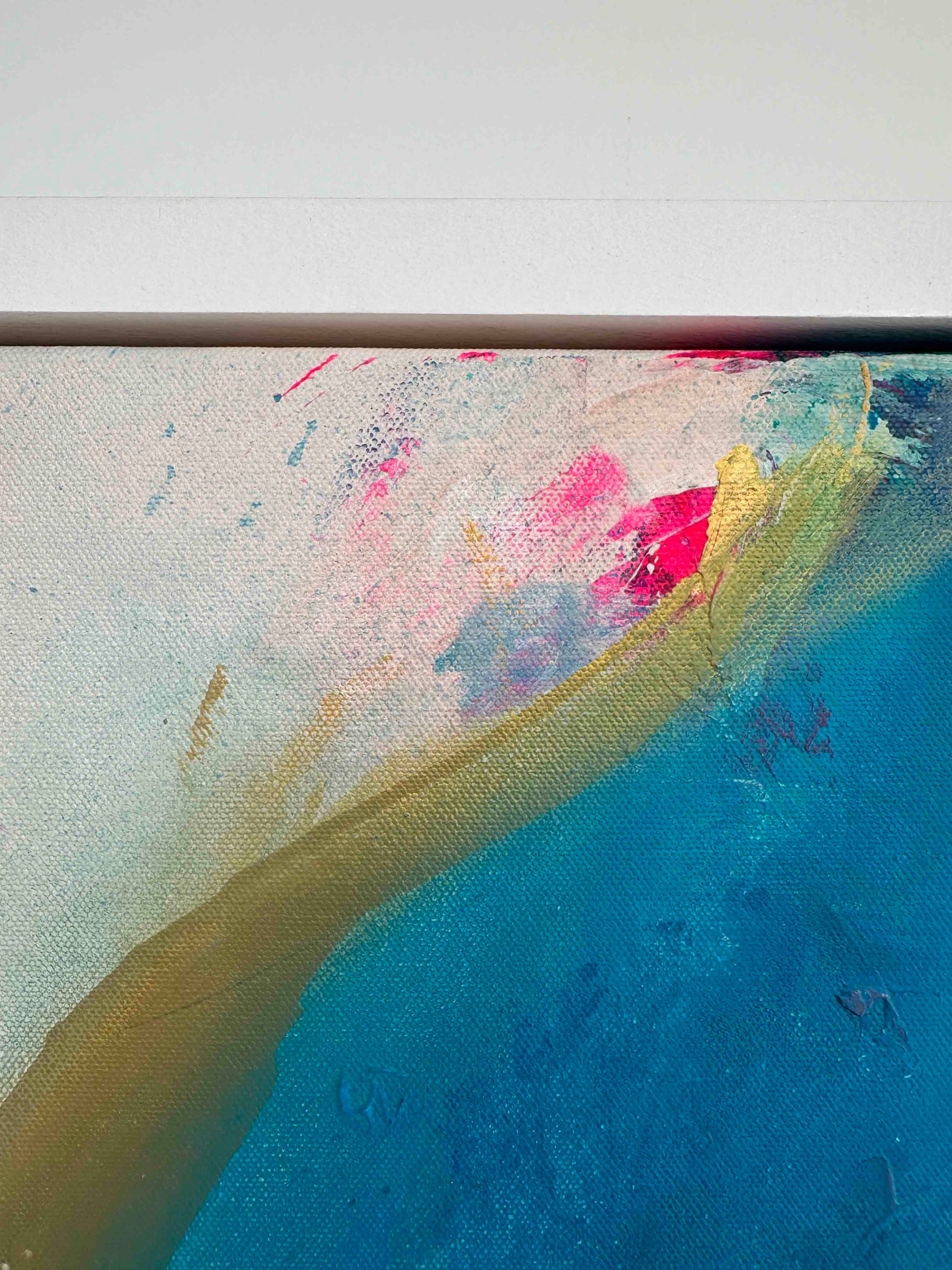 Large abstract original painting inspired by the colours of the ocean in Cornwall.  The words Love and Joy can be found within the painting