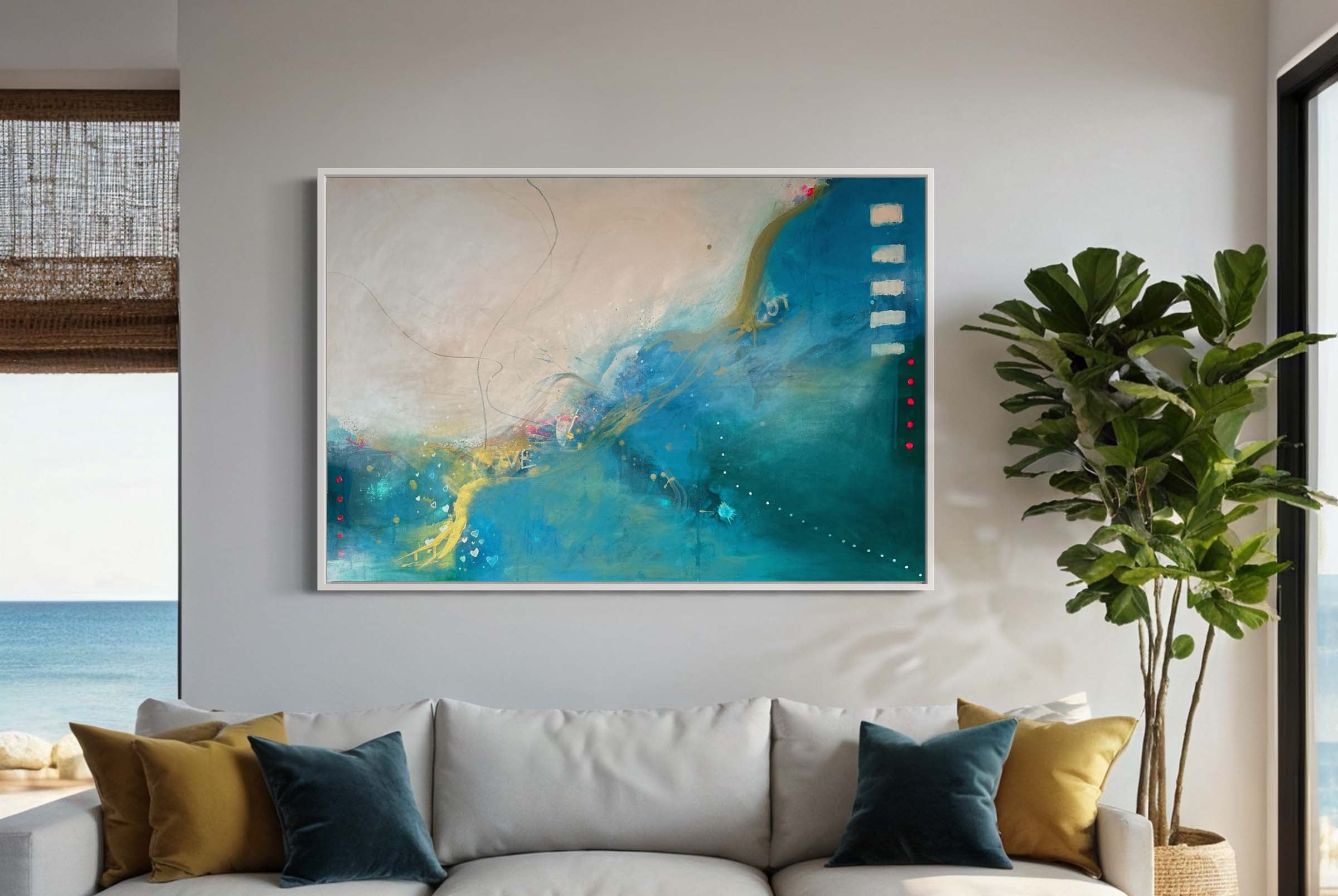 Large abstract original painting inspired by the colours of the ocean in Cornwall.  The words Love and Joy can be found within the painting