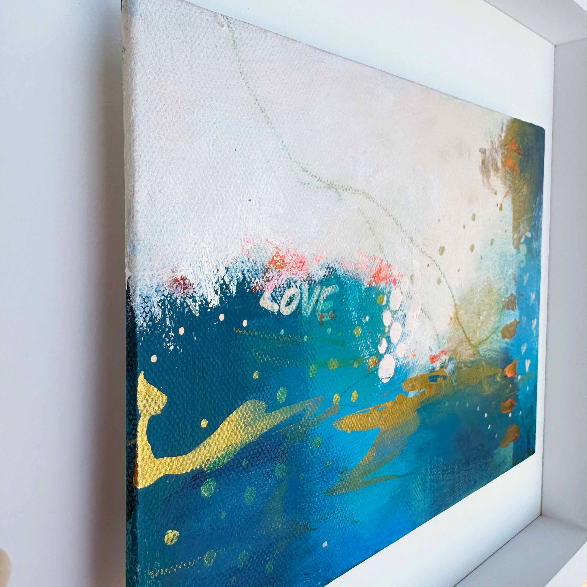 Small abstract original painting inspired by the colours of the ocean in Cornwall